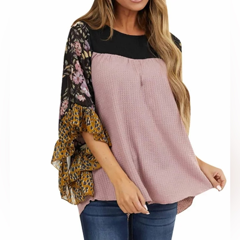 Boho Shirt Women Round Neck Color Block Casual Loose Pullover 3/4 BatSle…
